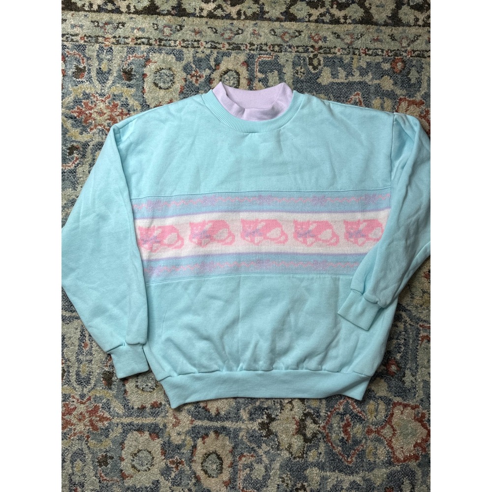 Huntington Ridge Cat Sweatshirt Women L Blue Pink Knit Graphic Retro Mock Neck